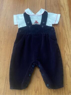 Jacadi Navy Corduroy Suspender Overalls with Embroidered Teddy Shirt